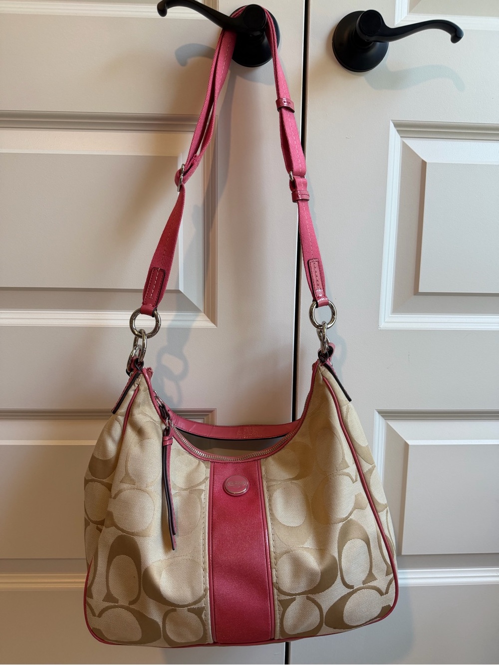 Coach Beige and Pink Signature Canvas Shoulder Bag